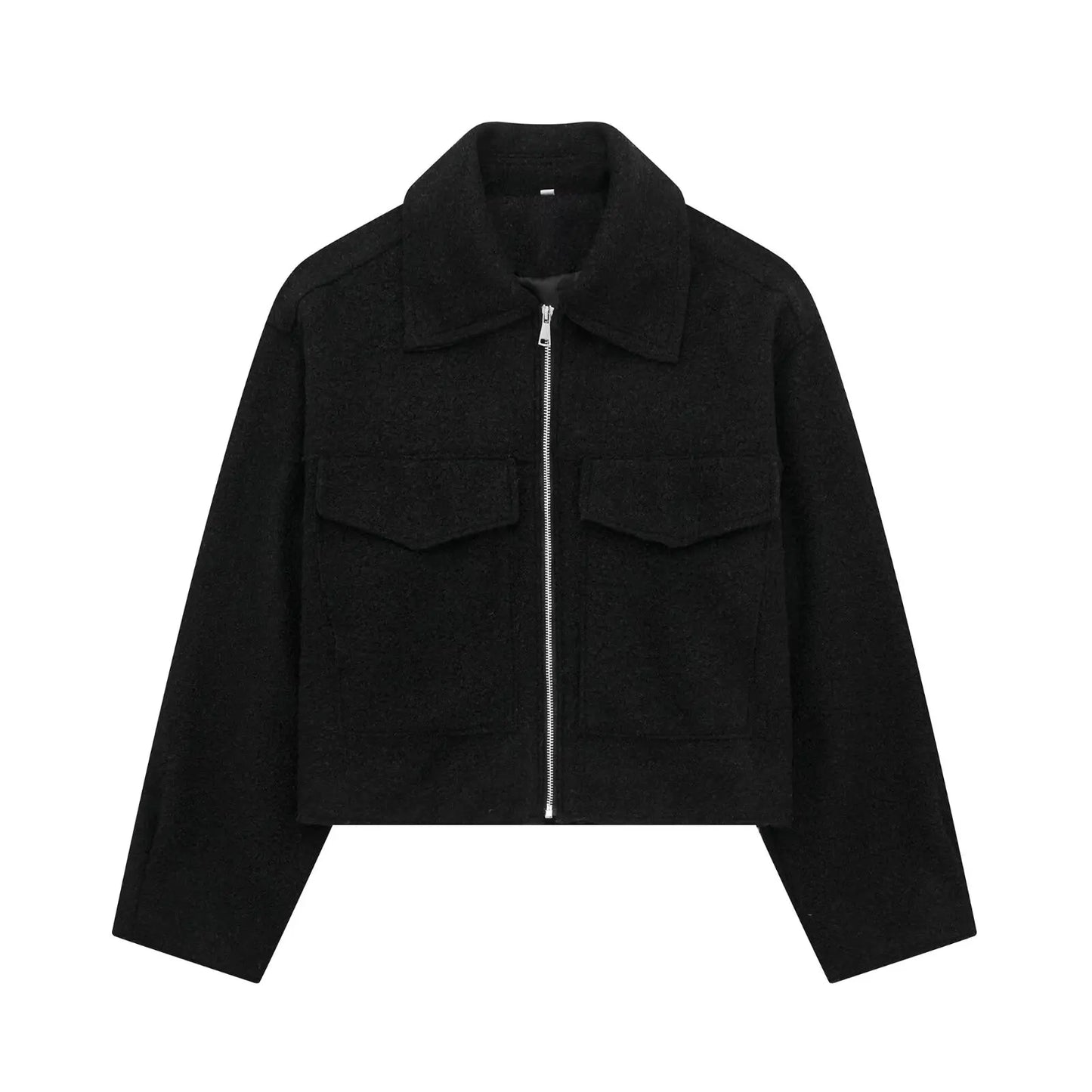 Women Fashion with Pockets Grey Front Zipper Jackets Vintage Lapel Neck Long Sleeves Female Chic Lady Outfits