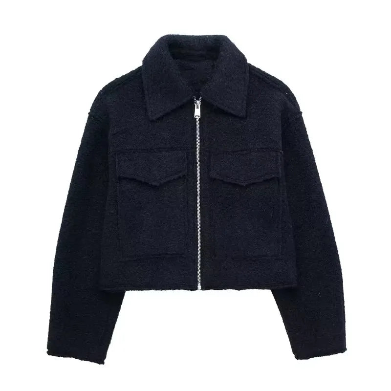 Women Fashion with Pockets Grey Front Zipper Jackets Vintage Lapel Neck Long Sleeves Female Chic Lady Outfits