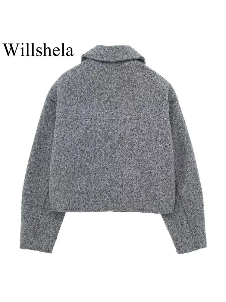 Women Fashion with Pockets Grey Front Zipper Jackets Vintage Lapel Neck Long Sleeves Female Chic Lady Outfits