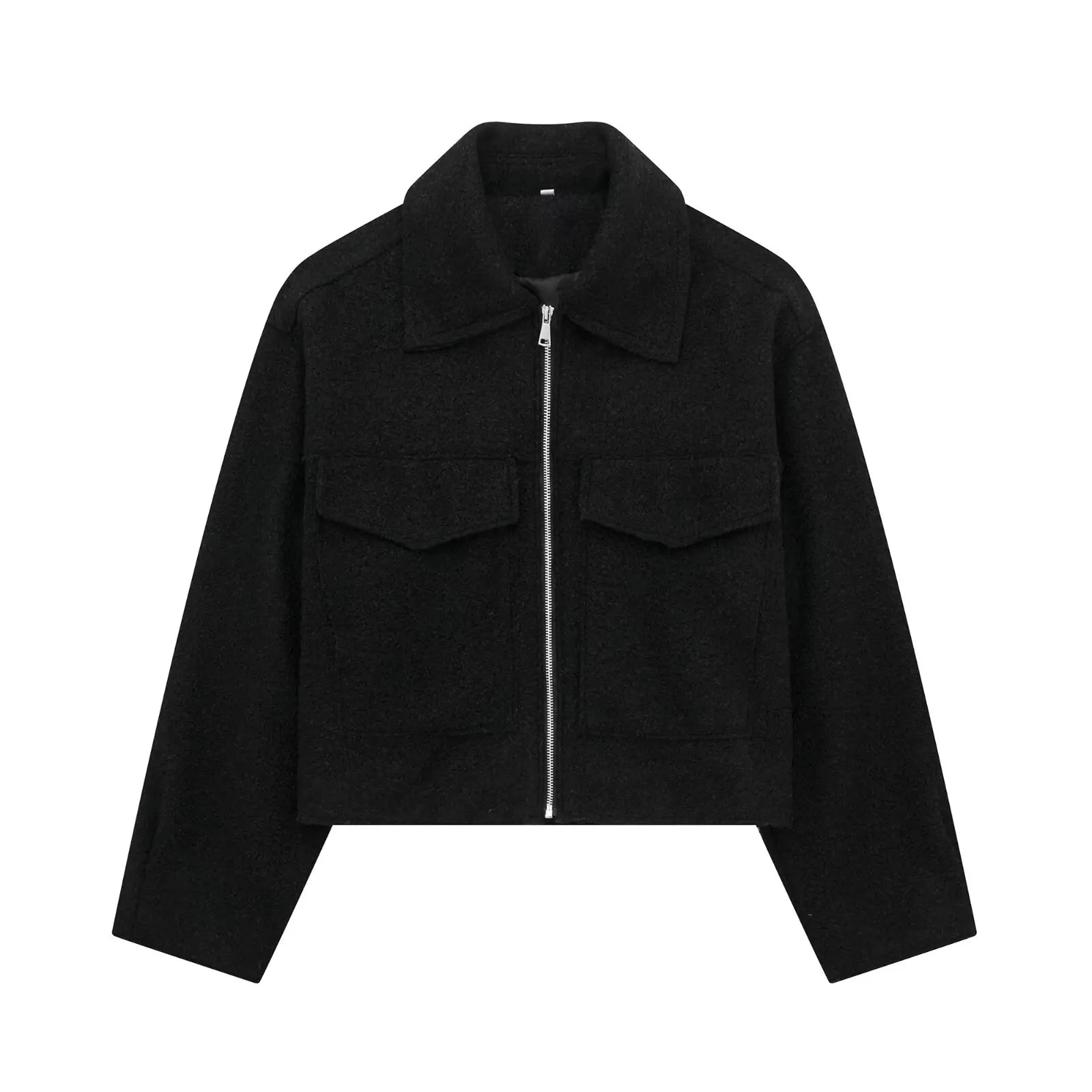 Women Fashion with Pockets Grey Front Zipper Jackets Vintage Lapel Neck Long Sleeves Female Chic Lady Outfits