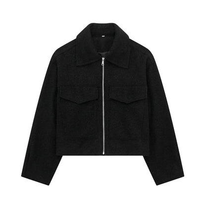 Women Fashion with Pockets Grey Front Zipper Jackets Vintage Lapel Neck Long Sleeves Female Chic Lady Outfits