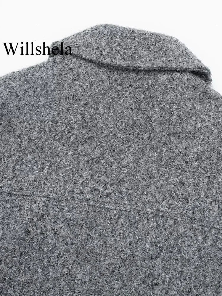 Women Fashion with Pockets Grey Front Zipper Jackets Vintage Lapel Neck Long Sleeves Female Chic Lady Outfits