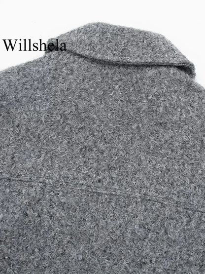Women Fashion with Pockets Grey Front Zipper Jackets Vintage Lapel Neck Long Sleeves Female Chic Lady Outfits