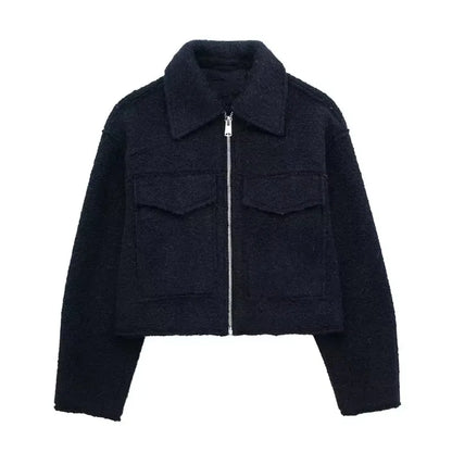Women Fashion with Pockets Grey Front Zipper Jackets Vintage Lapel Neck Long Sleeves Female Chic Lady Outfits