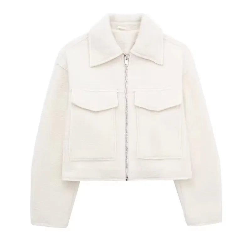 Women Fashion with Pockets Grey Front Zipper Jackets Vintage Lapel Neck Long Sleeves Female Chic Lady Outfits