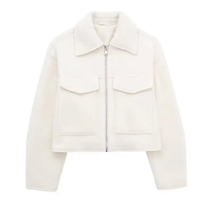 Women Fashion with Pockets Grey Front Zipper Jackets Vintage Lapel Neck Long Sleeves Female Chic Lady Outfits