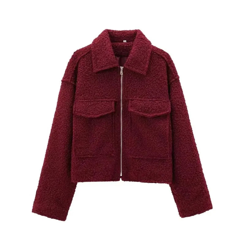 Women Fashion with Pockets Grey Front Zipper Jackets Vintage Lapel Neck Long Sleeves Female Chic Lady Outfits