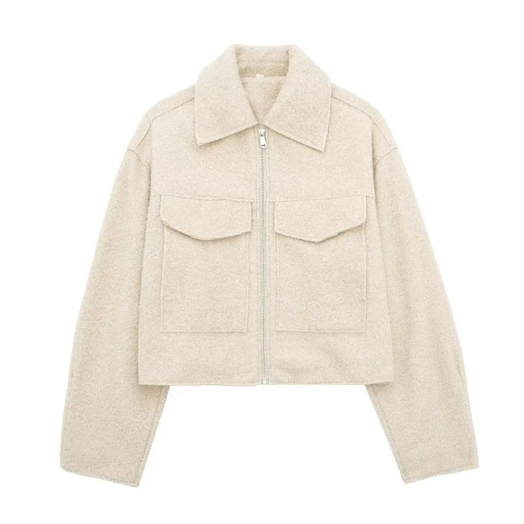 Women Fashion with Pockets Grey Front Zipper Jackets Vintage Lapel Neck Long Sleeves Female Chic Lady Outfits