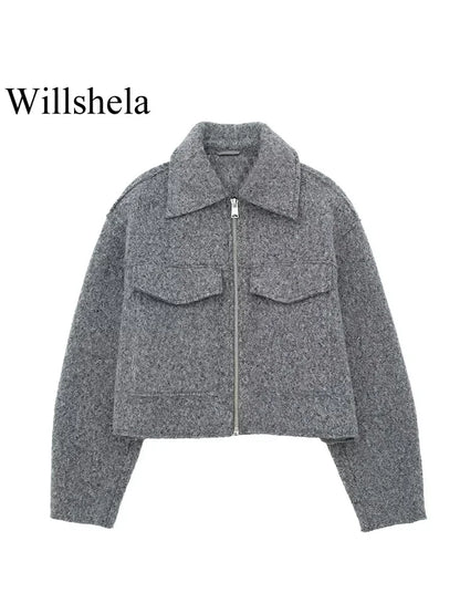 Women Fashion with Pockets Grey Front Zipper Jackets Vintage Lapel Neck Long Sleeves Female Chic Lady Outfits