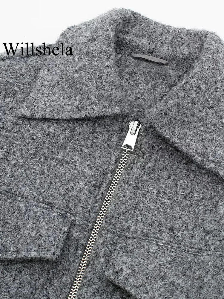 Women Fashion with Pockets Grey Front Zipper Jackets Vintage Lapel Neck Long Sleeves Female Chic Lady Outfits