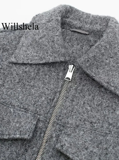 Women Fashion with Pockets Grey Front Zipper Jackets Vintage Lapel Neck Long Sleeves Female Chic Lady Outfits